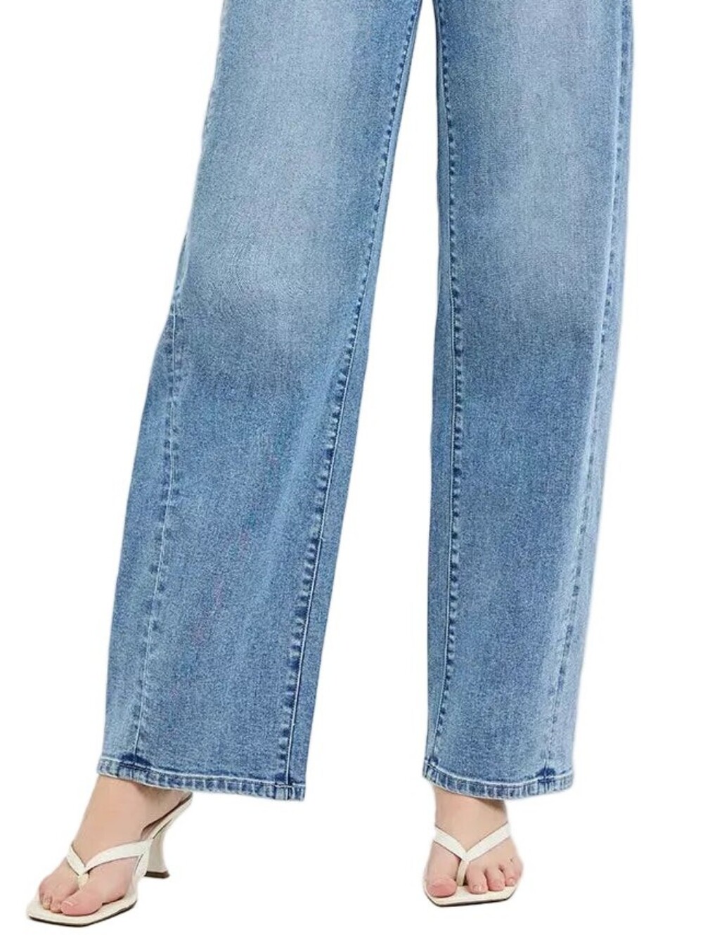 Risen High-Waist Drawstring Elastic Waist Relaxed Fit Panel Wide-Leg Denim Jeans - Picture 12 of 15